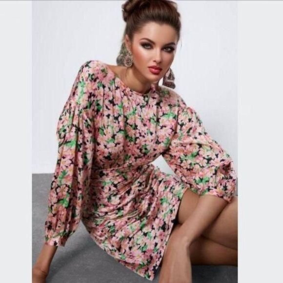 BLOGGER'S FAVE! Printed Floral Draped Mini Dress Pink Green Black Sz XS NWT - Picture 9 of 14